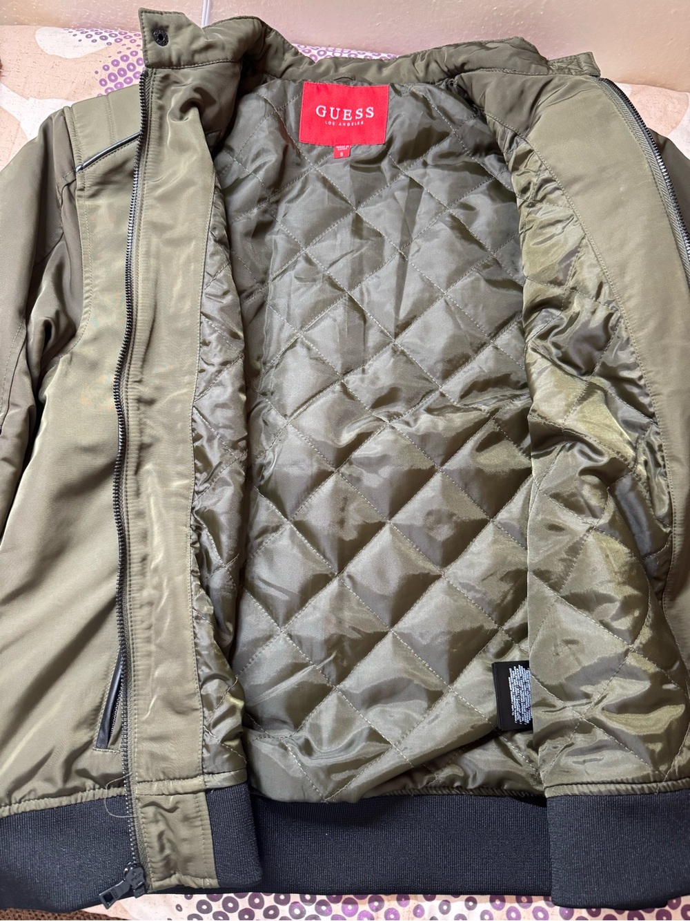 GUESS Olive Green Quilted Bomber Jacket - Picture 2 of 10